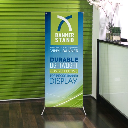 X Banner Stand a vinyl banner display in an office